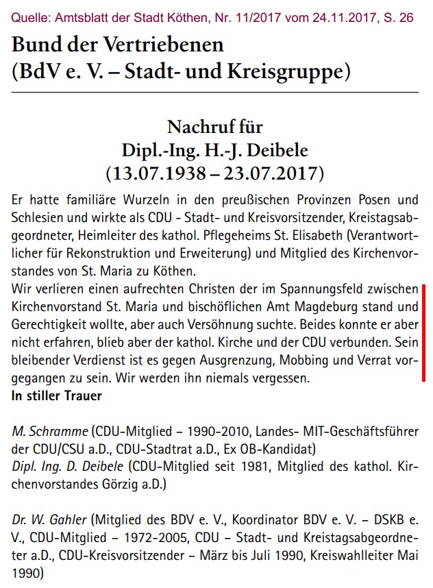 Nachruf fr Hans-Jrgen Deibele; Quelle: Amtsblatt der Stadt Kthen, Nr. 11/2017 vom 24.11.2017, S. 26